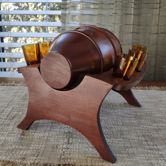 Wooden Barrel Set with 6 Glasses, Vintage Stand Caddy 9.5" - Picture 1 of 16